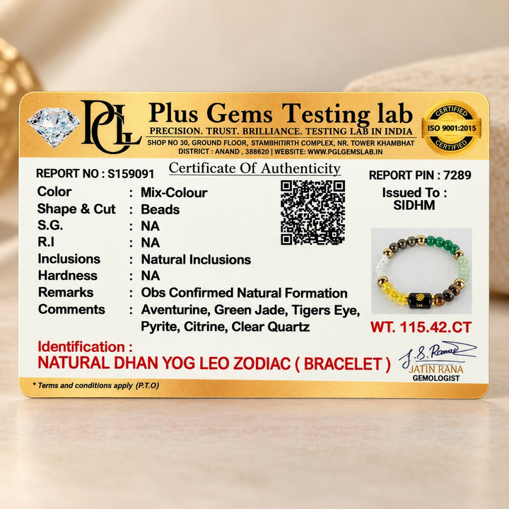 Natural Dhan Yog Leo Zodiac Bracelet certificate