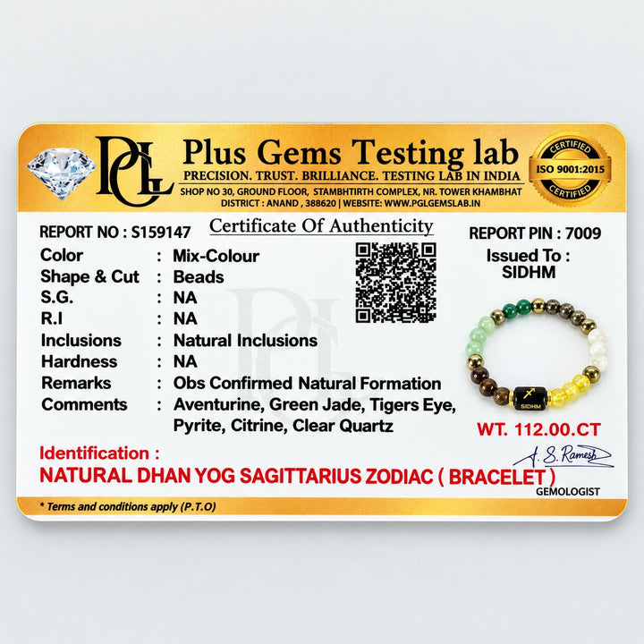 Natural Dhan Yog Sagittarius Zodiac Bracelet certificate