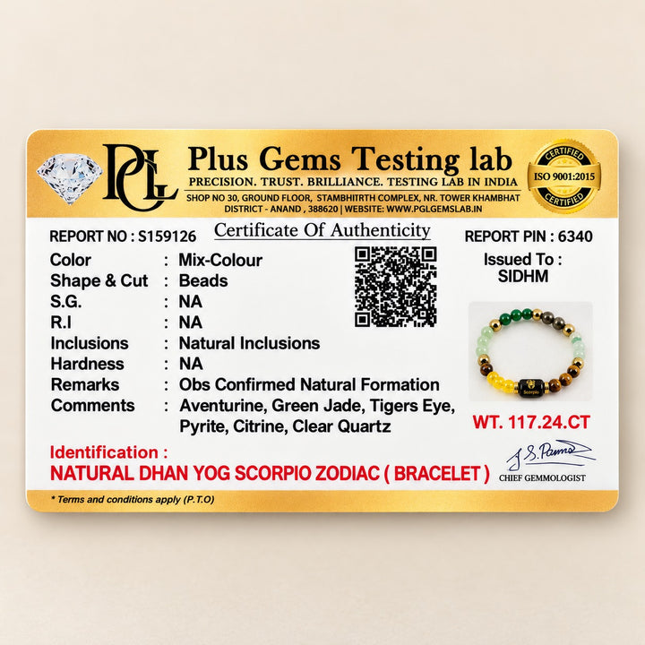 Natural Dhan Yog Scorpio Zodiac Bracelet certificate