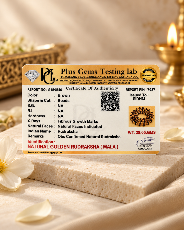 Natural Golden Rudraksha Mala certificate