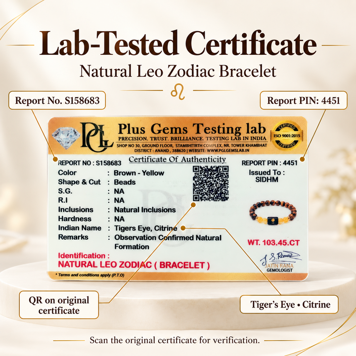 Natural Leo Zodiac Bracelet certificate