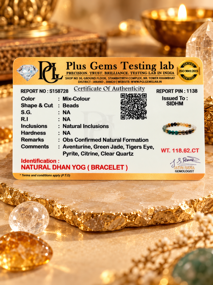 Natural Dhan Yog Bracelet certificate