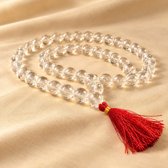 Natural Sphatik Mala with clear crystal beads and red tassel