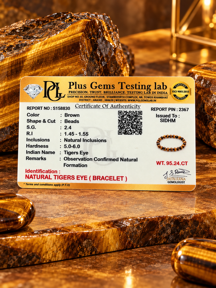 Natural Tigers Eye Bracelet certificate