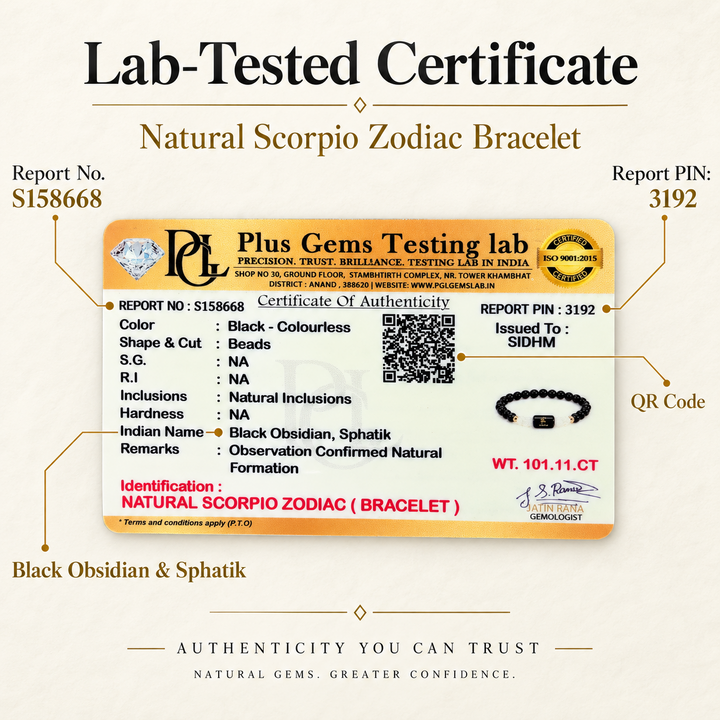 Natural Scorpio Zodiac Bracelet certificate