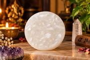Natural round white selenite plate with candle and crystals
