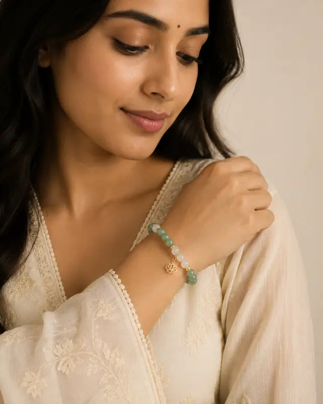 Female model wearing original aventurine bracelet