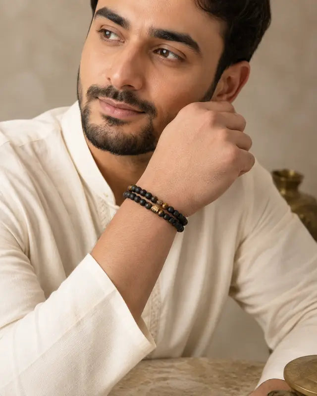 Male model wearing original obsidian bracelet